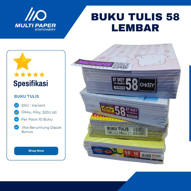 

Buku Tulis Isi 58 Lembar Berbagai Merk ( Per Pack 10 Buku )