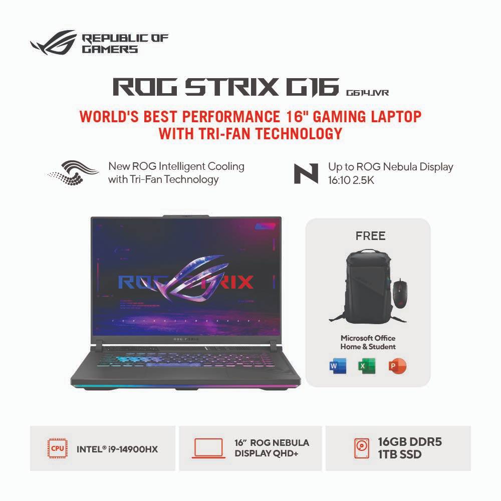 Asus ROG Strix G16 G614JVR-I946C6G-O (Intel® Core™ i9/DDR5 16GB/1TB SSD/Windows 11 Home/NVIDIA® GeForce RTX™ 4060 Laptop GPU) - Eclipse Gray