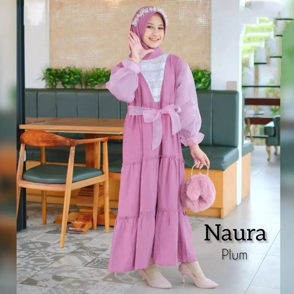 Naura Dress Kids Fashion Muslim Dress anak perempuan Bahan Organza Mix Brokat Malika Kekinian HOB