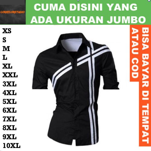 CORATCORETUDIO Kemeja Pria Hem Cowok Jumbo Big Size Lengan Pendek Sablon Garis Garis Bordir HITAM Ko