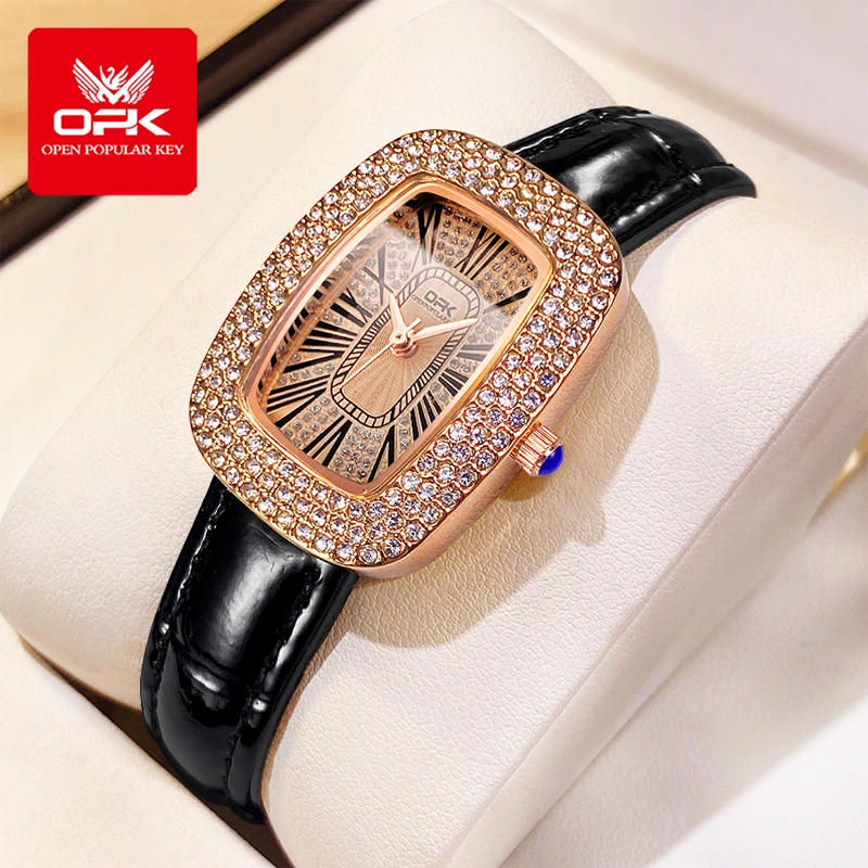 OPK Jam Tangan Wanita Original Anti Air Kulit Berlian Segi Empat Branded Cewek Kuarsa Terbaru Elegan