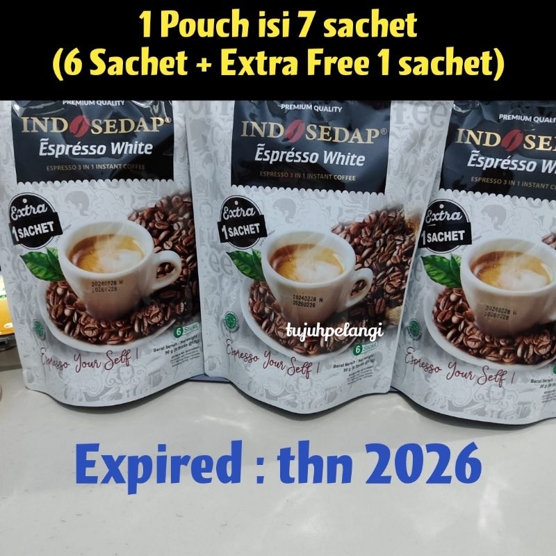 

INDOSEDAP KOPI ESPRESSO WHITE INSTANT COFFEE isi 6 Sachet Plus Extra Free 1 Sachet (Total 7 Sachet)