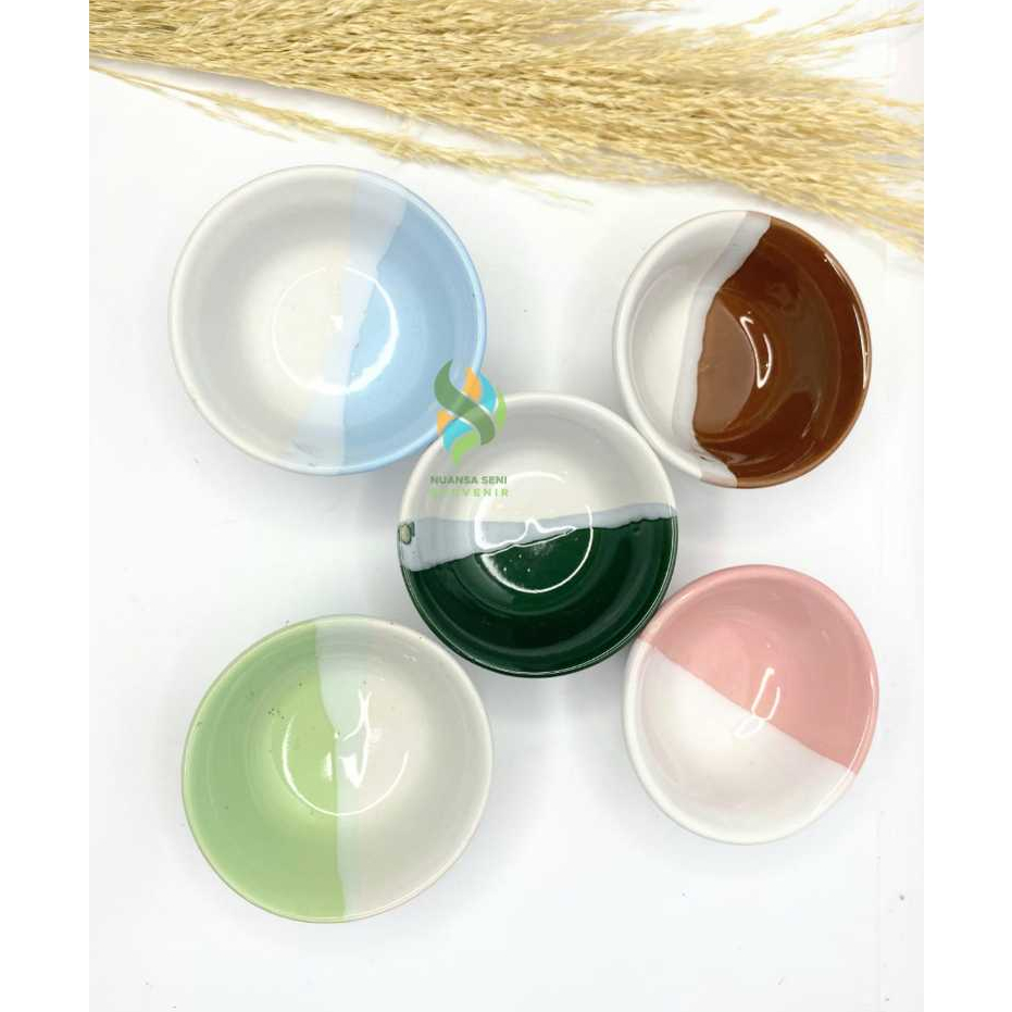 Souvenir Mangkok Keramik Warna Polos Mangkuk Sambal Tri Tone Mini Mangkok Saos Stoneware