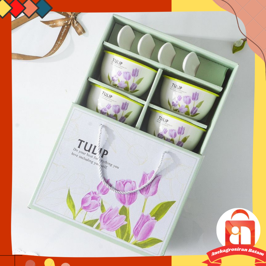 AGB - BOWL6116 Mangkok Keramik Set 4 PCS Motif Tulip / Mangkok Set Motif Import / Peralatan Makan Ca