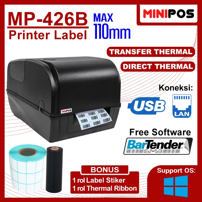 Printer Barcode Label MINIPOS MP-426B Ribbon Direct Thermal Kabel USB Murah Software Bartender