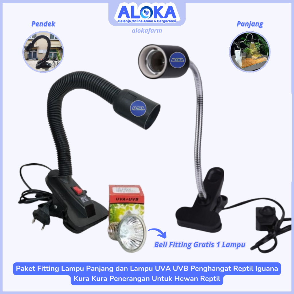 Jual Paket Fitting Lampu Panjang dan Pendek Jepit dan Lampu Reptil Uva Uvb Kura Kura Torto Iguana