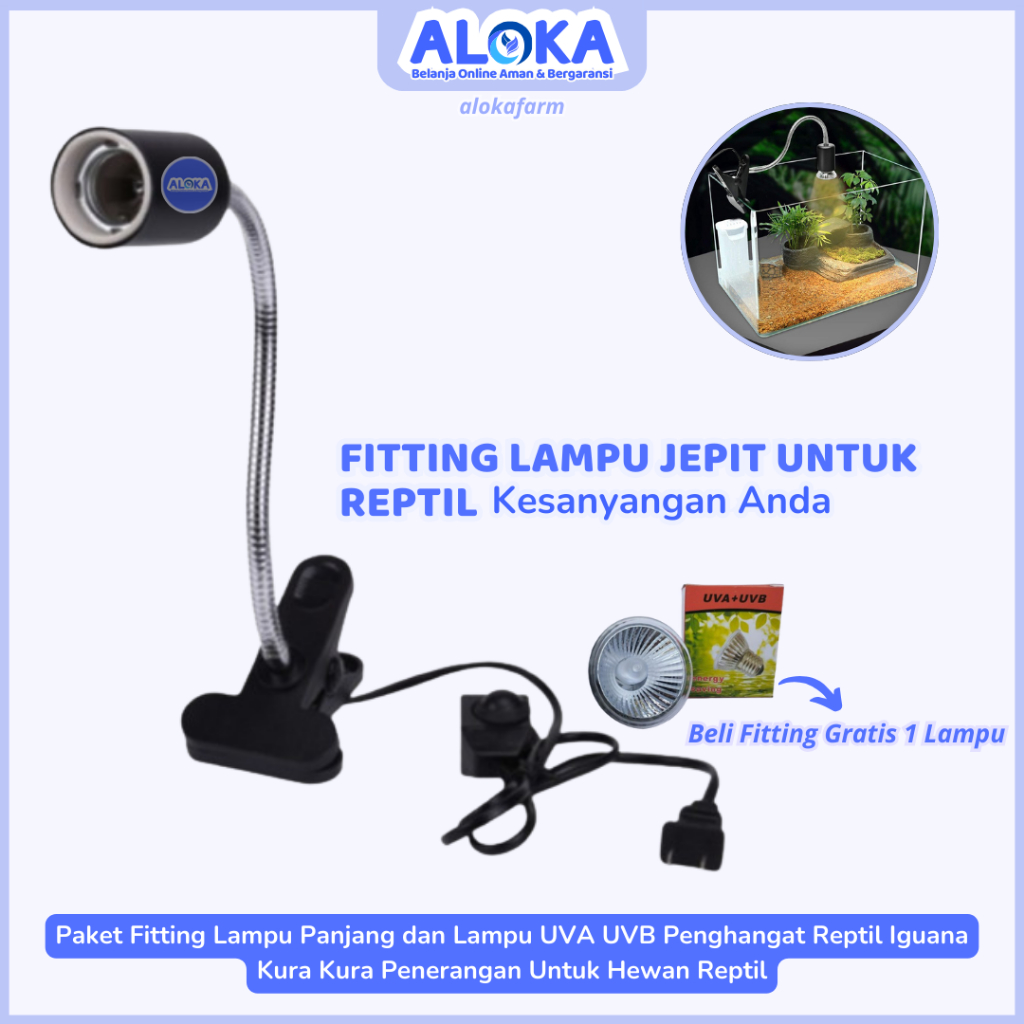 Jual Paket Fitting Panjang Jepit dan Lampu Reptil Uva Uvb Kura Kura Torto Iguana Fitting Lampu