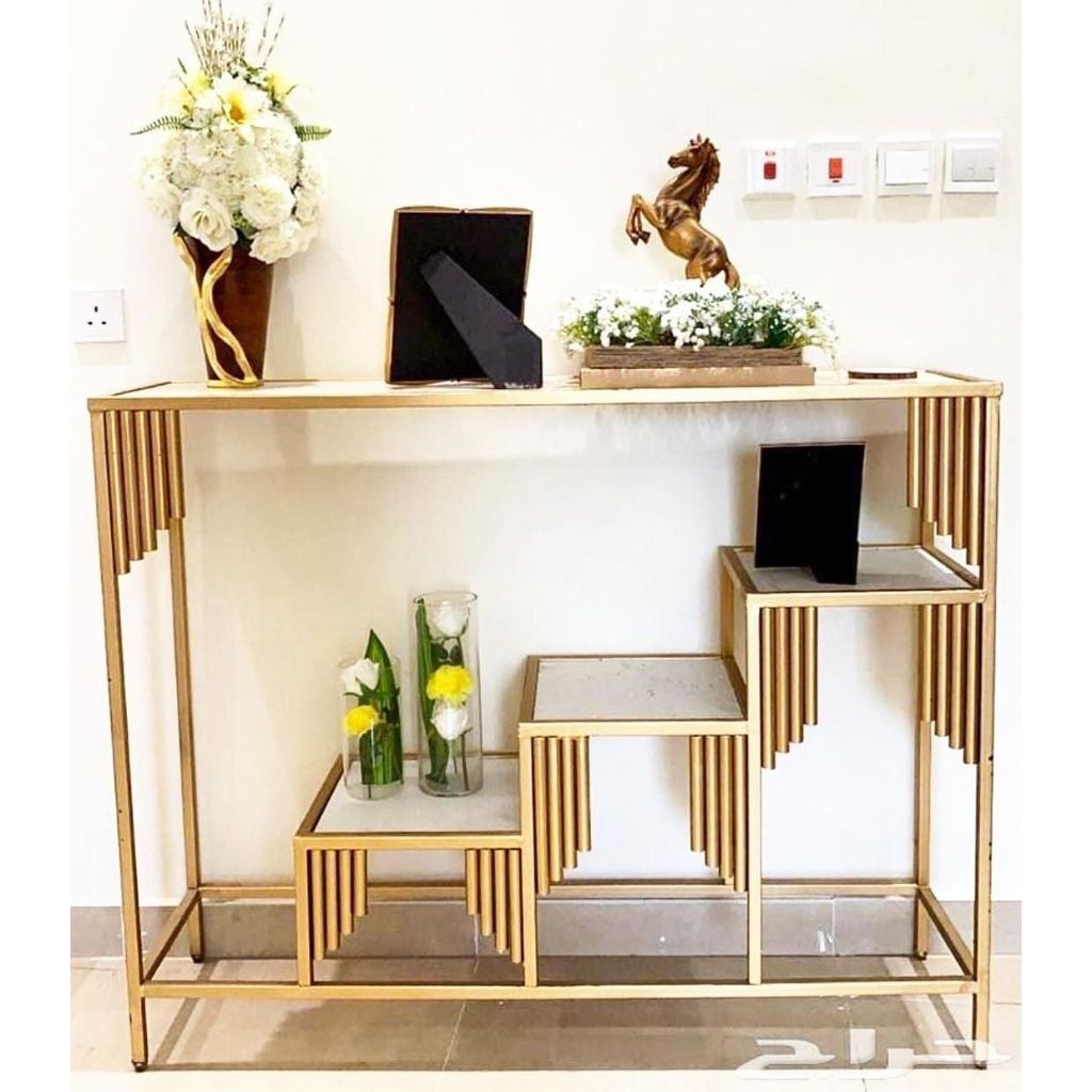 Meja Console Farasya Bahan Besi Holo TOP Kayu Lapis HPL Motif Marble Atau Kaca Untuk Ruang tamu, Ter
