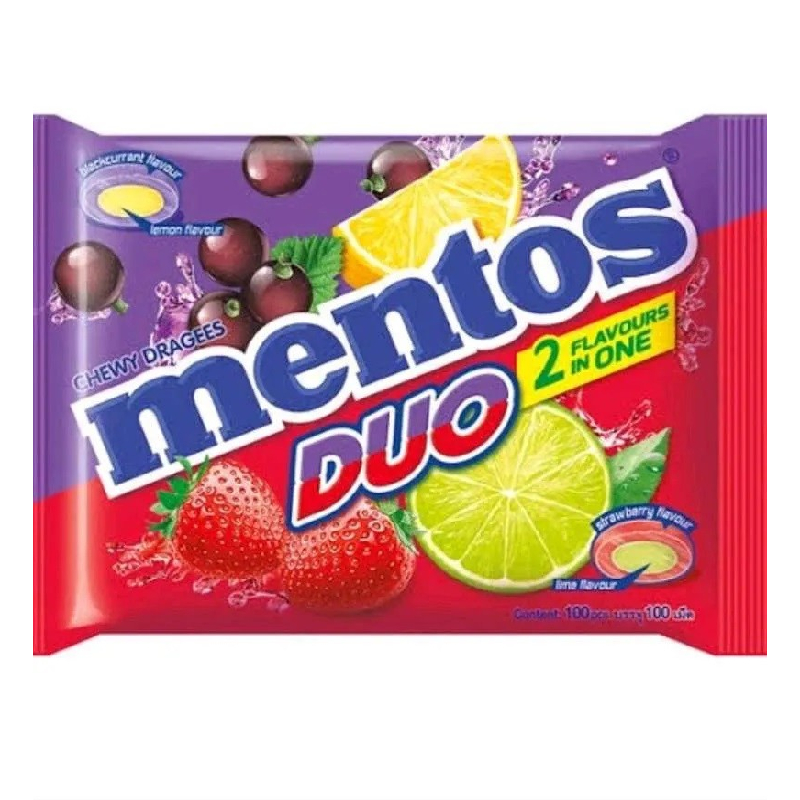 

Mentos Duo Chewy Dragees Blackcurrant and Lemon Flavor & Strawberry and Lime Flavor 100 Piece