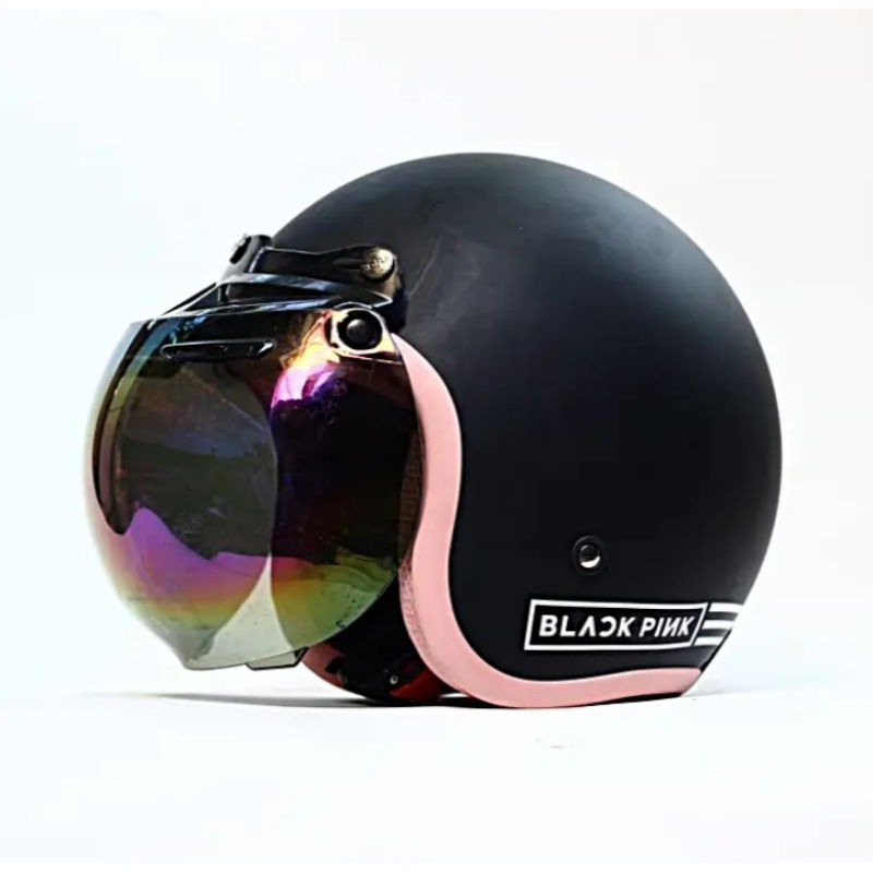 HELM WANITA HITAM DOFF BLACK PINK KACA CEMBUNG PELANGI
