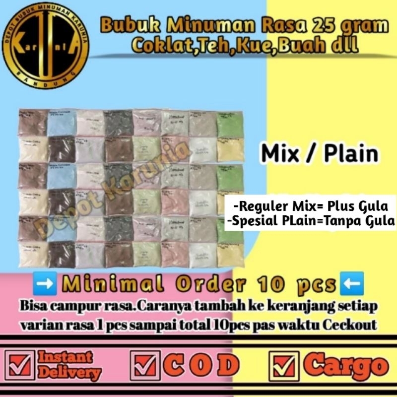 

Serbuk Minuman Rasa 25gr Plain Tanpa Gula atau Mix Plus Gula Aneka Rasa Terlaris Bubuk Minuman Aneka Rasa 25 gram Termurah Ala Cafe