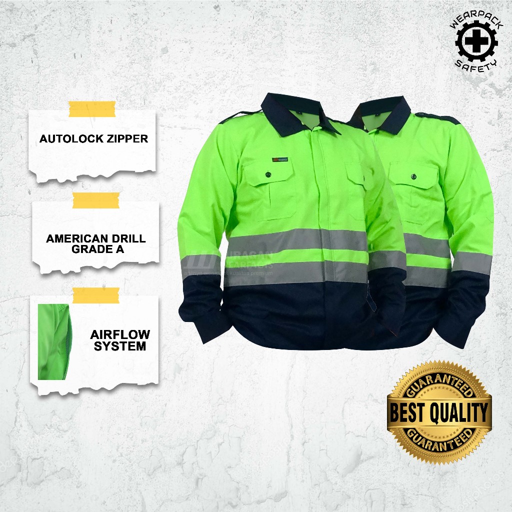 Wearpack Safety Atasan / Wearpack Kerja Atasan Warna Hijau Stabilo Kombinasi Biru Navy