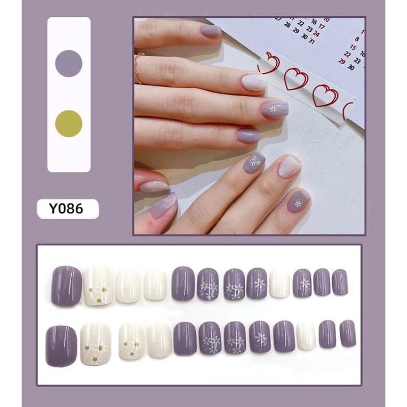 Y086 Kuku Palsu Nail Art Isi 24 Pcs Warna Ungu Putih