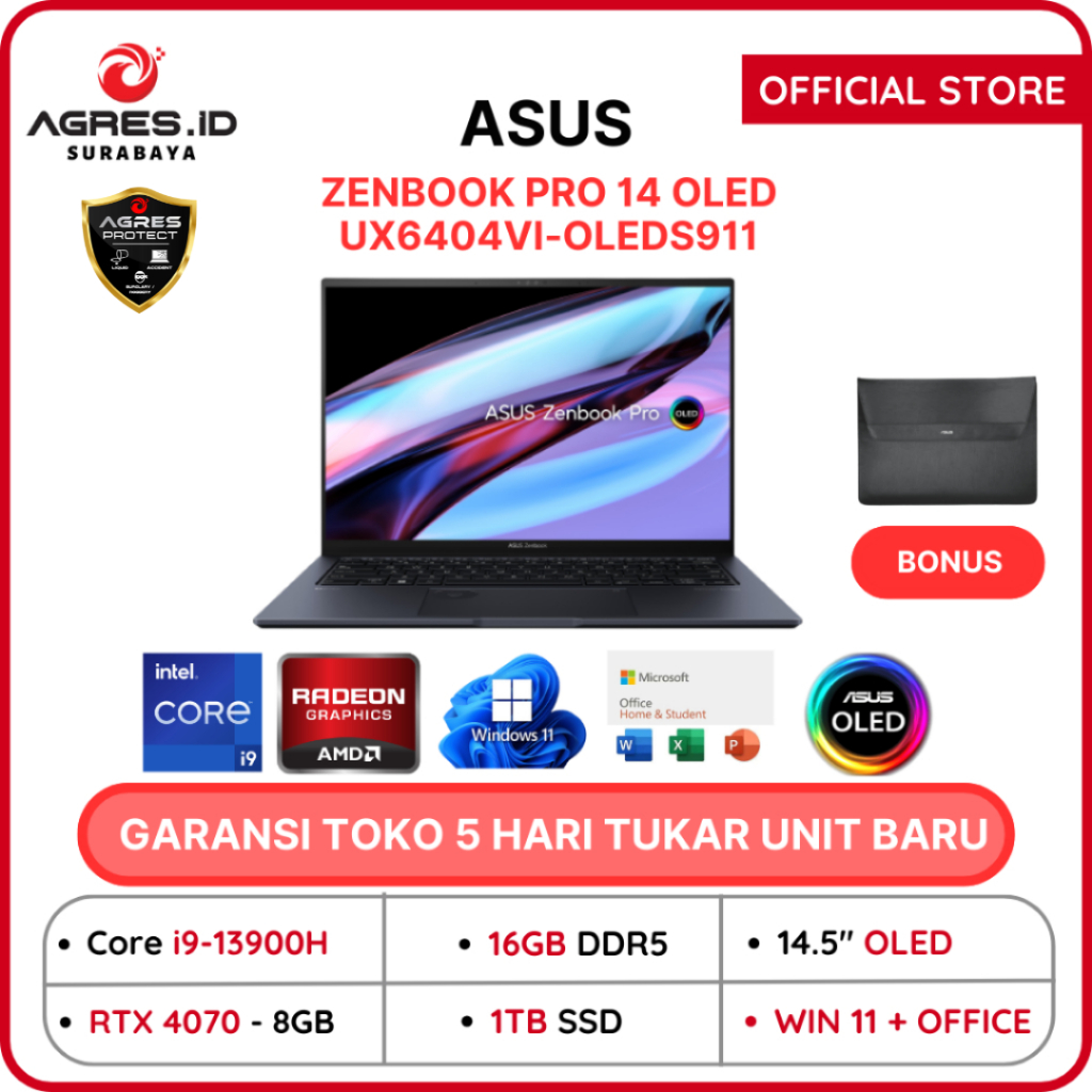 ASUS Zenbook Pro 14x Oled Ux6404vi Core i9 13900H RTX4070 RAM 16GB 1TB SSD Windows 11+Office 14.5 2.8K 120Hz