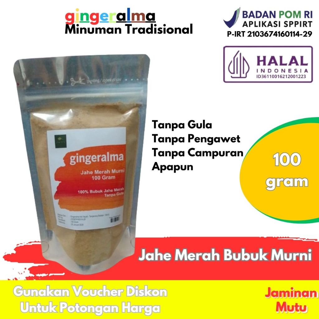 

Jahe Merah Murni Gingeralma Tanpa Gula 100 Gram