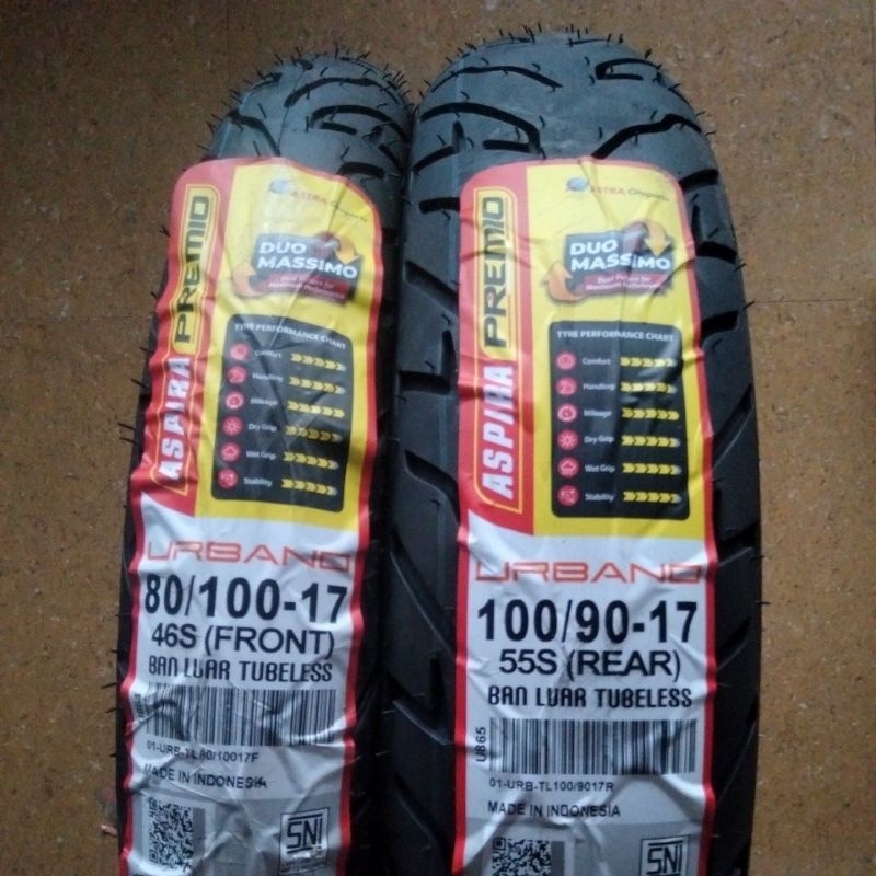 BAN LUAR TUBELESS MOTOR VERZA/MEGAPRO NEW 80/100 & 100/90 RING 17 ASPIRA PREMIO URBANO DEPAN BELAKAN