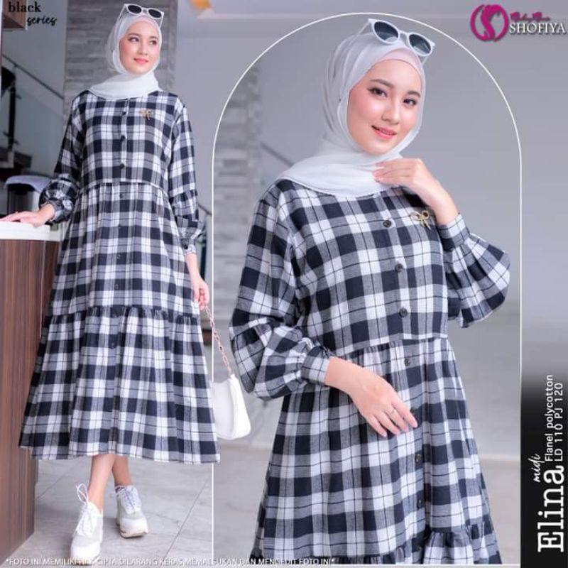 gamis kotak kotak motif kecil baju midy dres wanita dewasa remaja muslimah