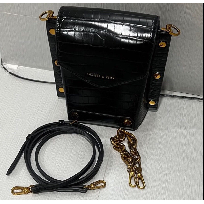 charles keith sling bag original counter croco black hitam preloved like new