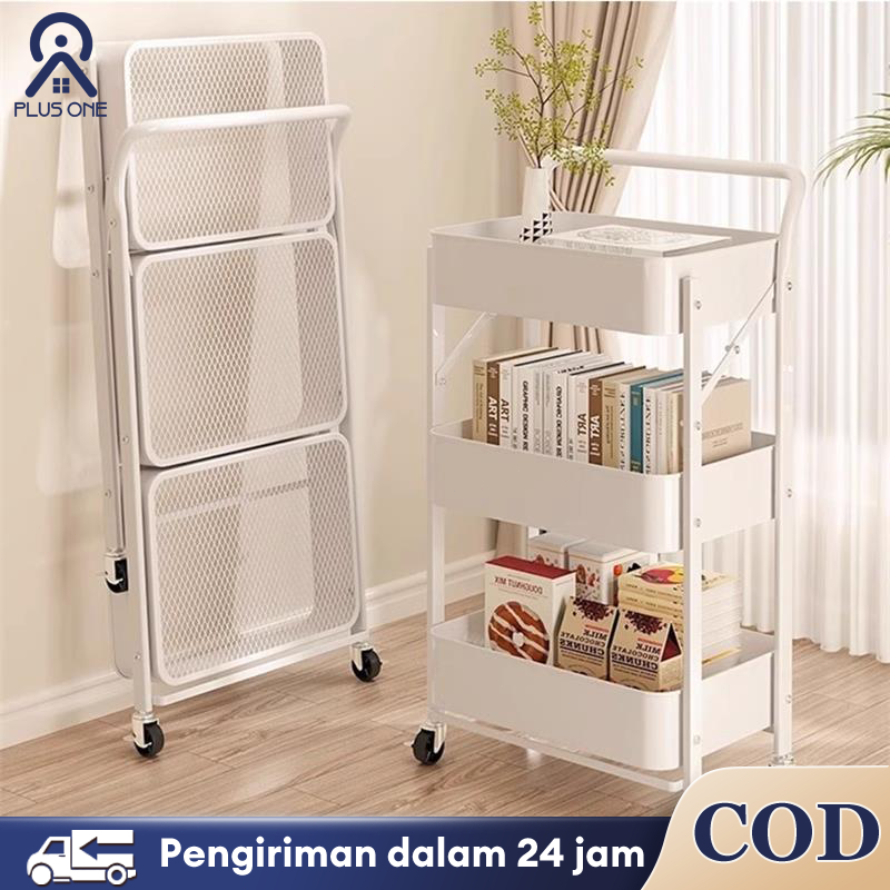 100% Steel 3 Level Foldable Metal Trolley Multifunction Storage Rack dengan Handle Tier Trolley Stor