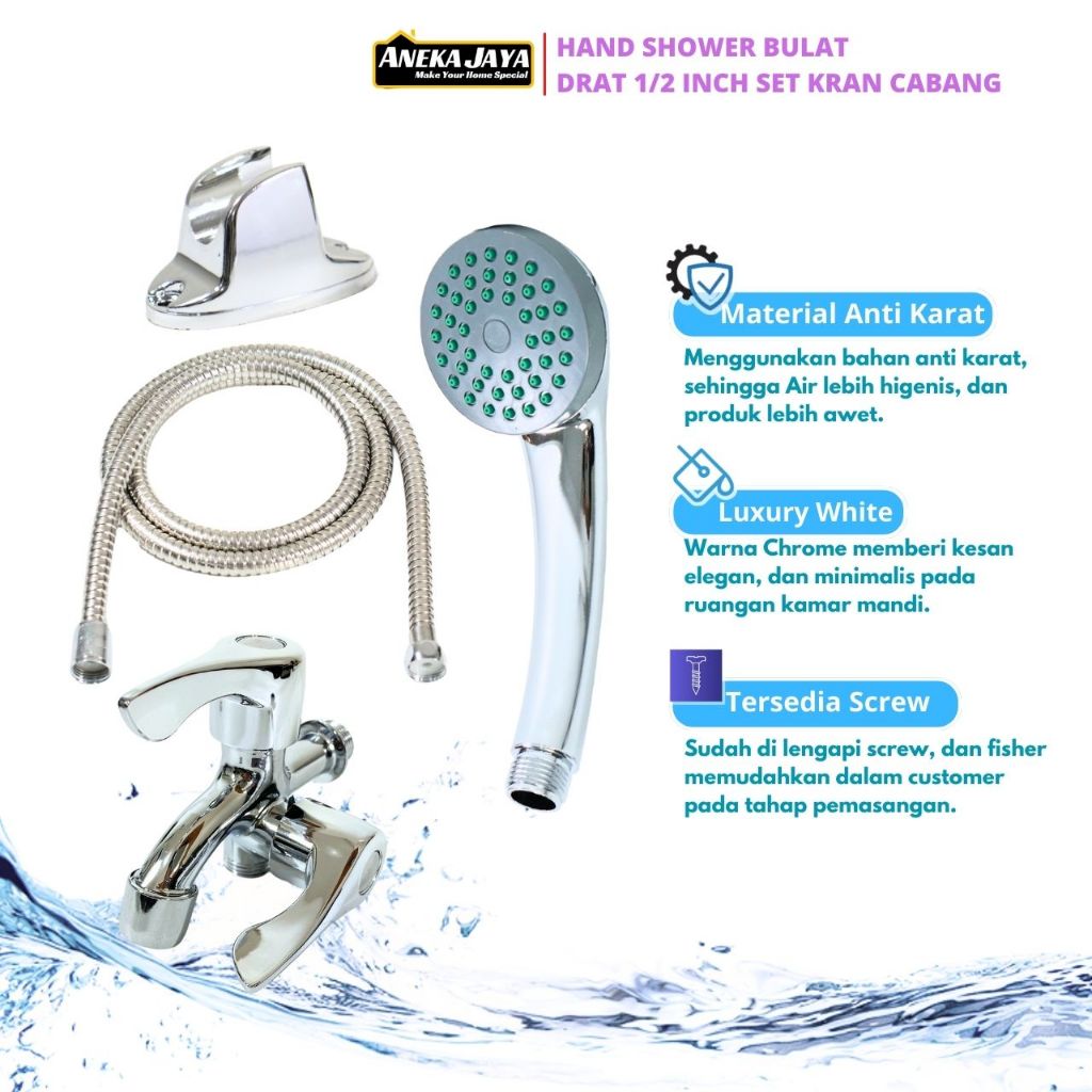 Paket Hand shower Bulat + Kran Cabang Kamar Mandi Tekanan Tinggi
