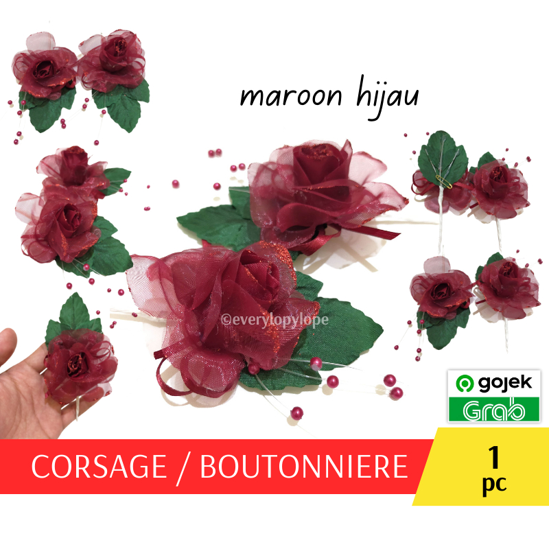 Corsage Pin Jas Korsase Bros Panitia Bunga Dada Warna Merah Daun Hijau