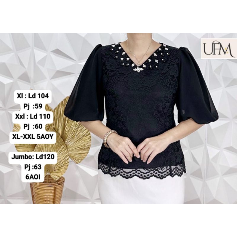 Atasan Wanita Brokat | Lengan Balon | Payet Leher | Blus Hitam