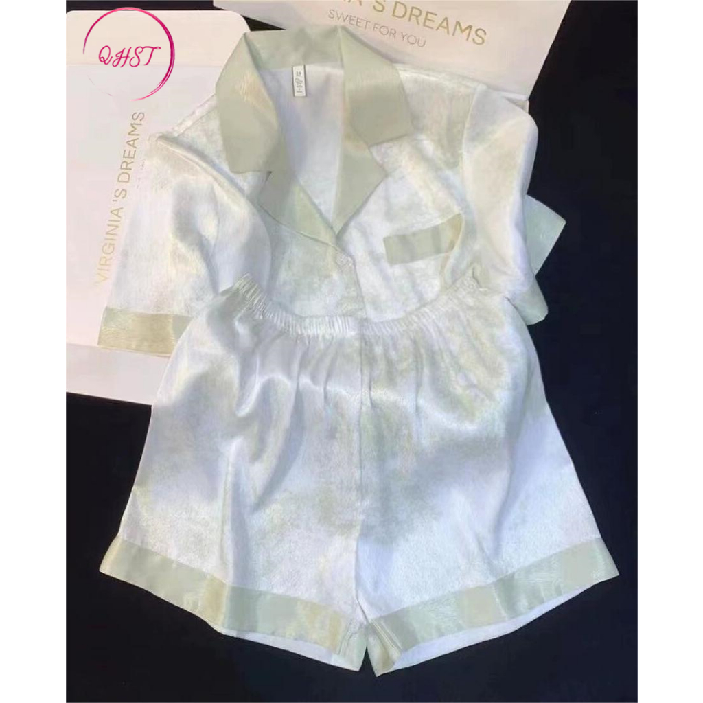 QHST Piyama Wanita Set Satin Bunga Tinta Hijau Pola Wanita Import | Pajamas Wanita | Baju Tidur Wani