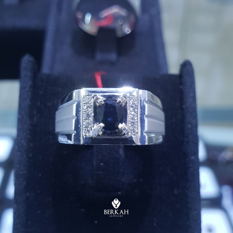 Cincin pria lelaki perak palladium berlian asli & batu sapphire