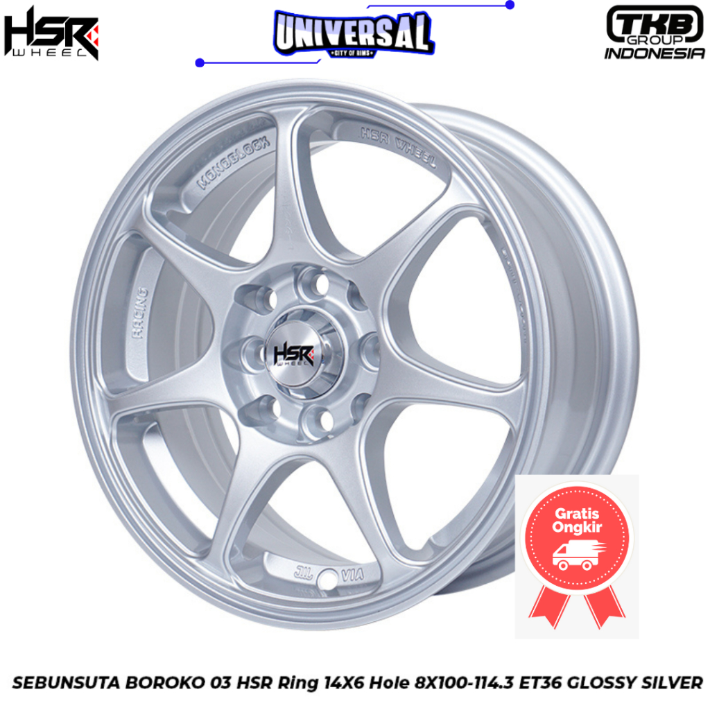 VELG RACING ORI HSR MOBIL WULING AIR EV SEBUNSUTA BOROKO 03 HSR R14X6 H8X100-114,3 ET36 GLOSS SILVER