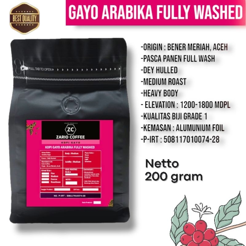 

Kopi Gayo Arabika Aceh Full Wash 200 Gram Zario Coffee