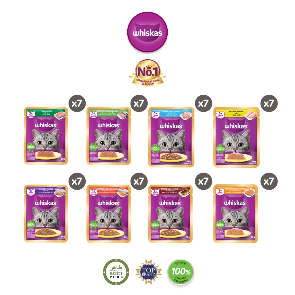 

23bagusmenshop - Whiskas Makanan Kucing Basah Pouch 80gr Isi 7 Wet Food Cat Snack Kitten Adult