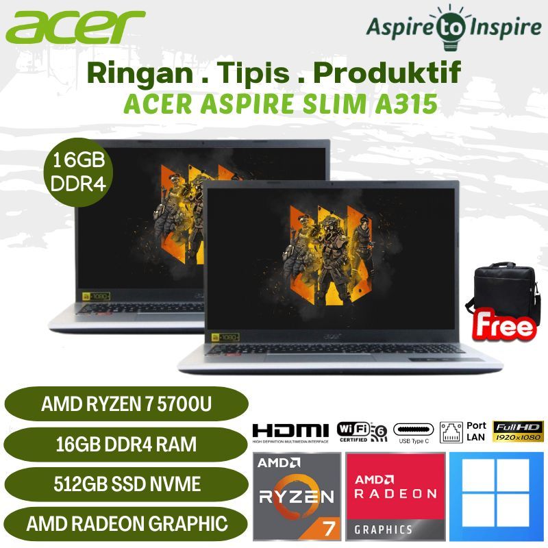LAPTOP GAMING ACER ASPIRE SLIM A315-44P-R9GQ RYZEN 7 5700U, 16GB, 512GB SSD, RADEON GRAPHIC, 15.6" FHD, WINDOWS + OFFICE, SILVER