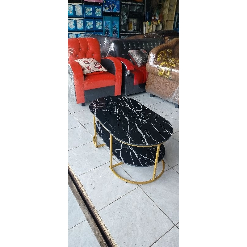 MEJA TAMU OVAL MARBLE HITAM KAKI BESI
