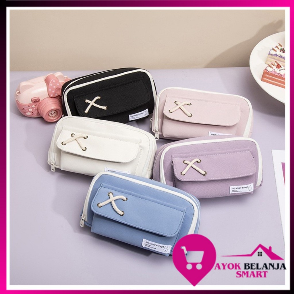 

ABS Tempat Pensil Model Pita Silang Kotak Pensil Tali Rami Ritsleting Ganda Bahan Kanvas Pouch Tempat Alat Tulis Perlengkapan Sekolah Kantor Dua Sisi Resleting