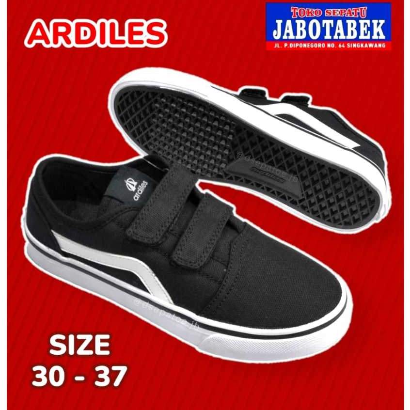 [COD] SEPATU SEKOLAH ARDILES HITAM PUTIH SIZE 30 31 32 33 34 35 36 37 MODEL PEREKAT TEMPEL BAHAN KAN