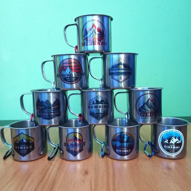 Cangkir Mug Outdoor Motif Gunung Bahan Stainles (Bonus Carabiner + lengkap box)