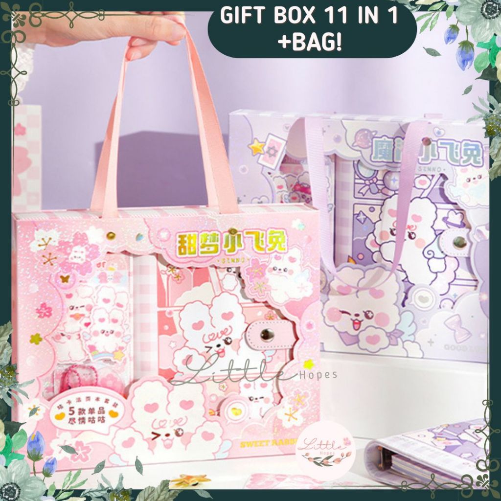 

(FREE GIFT) Paket Journal Set 11 in 1 dan 9 in 1 Box Tenteng PU Leather Binder Notebook A6 / CASTLE Rabbit Series / Gift Box Hadiah Termurah Unik / Catatan Diary / PET Sticker Lucu / Washi Tape / Scrapbook Kit Lengkap / Gantungan Akrilik Lebaran