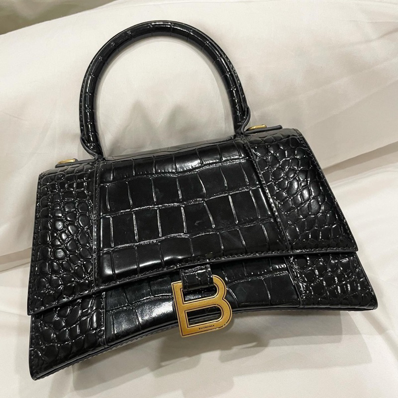 Preloved Like New Balenciaga Hourglass Small Black Croco GHW