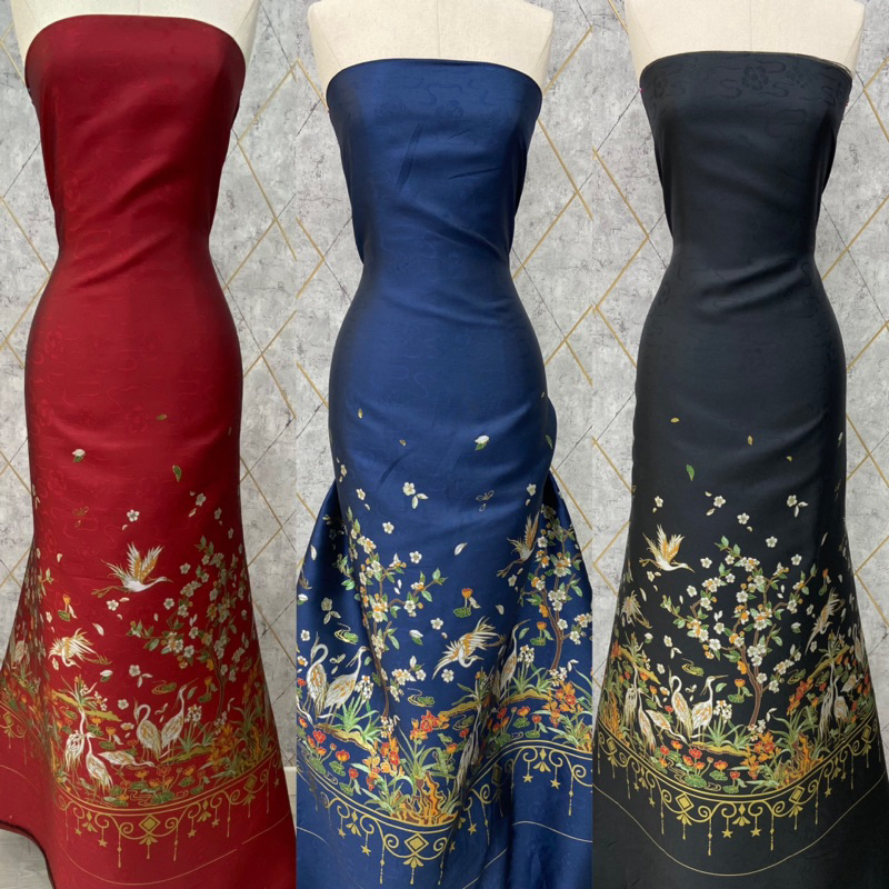 Kain Jacquard Cheongsam Motif Bangau, Kain Qibao, Bahan Imlek, Kain Seragaman Sangjit, Jacquard Moti