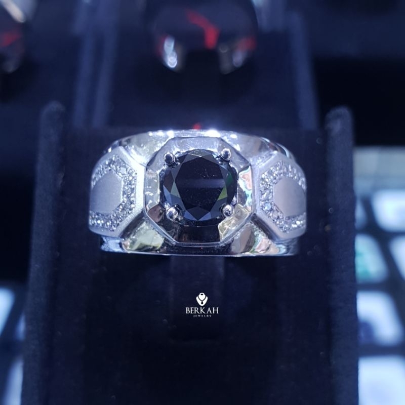 Cincin Lelaki Perak Palladium Berlian Hitam & Putih Asli Natural Diamond