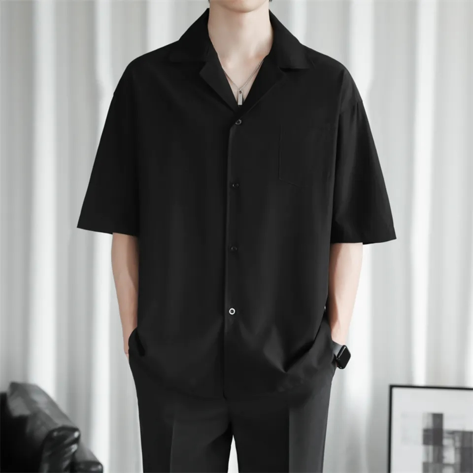 Kemeja Baju Pantai Pria Korean Style Hawai Polos Hitam Putih Navy Maroon Abu-abu Katun Rayon