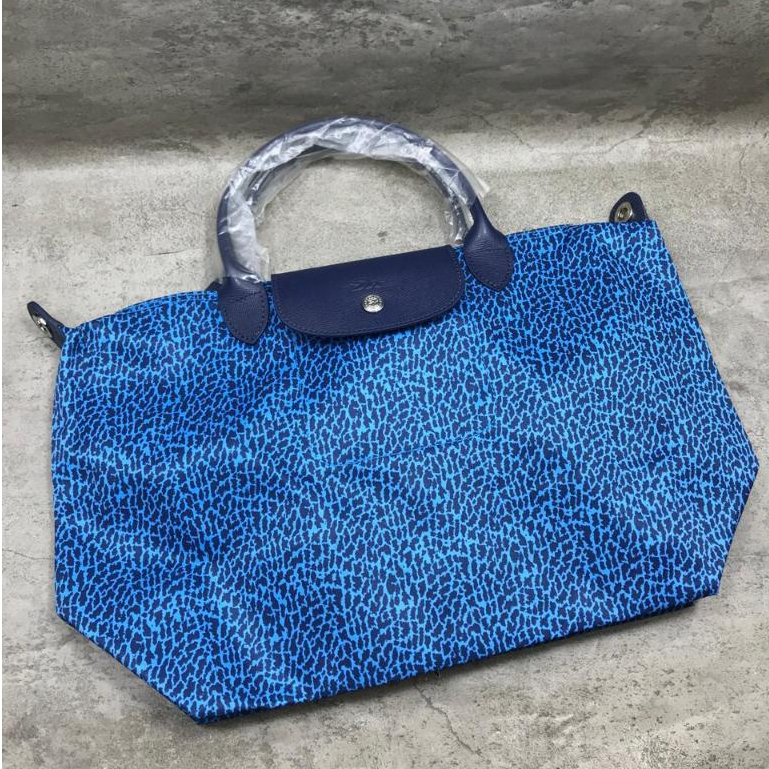 Tas Wanita Pundak LChamp Blue Leopard Panthere Biru Top Handle Handle Medium  Besar Tote Tas Kuliah 