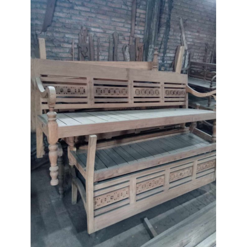 kursi risban antik kayu jati perhutani solid ukir jepara - bangku bale bale antik Jawa