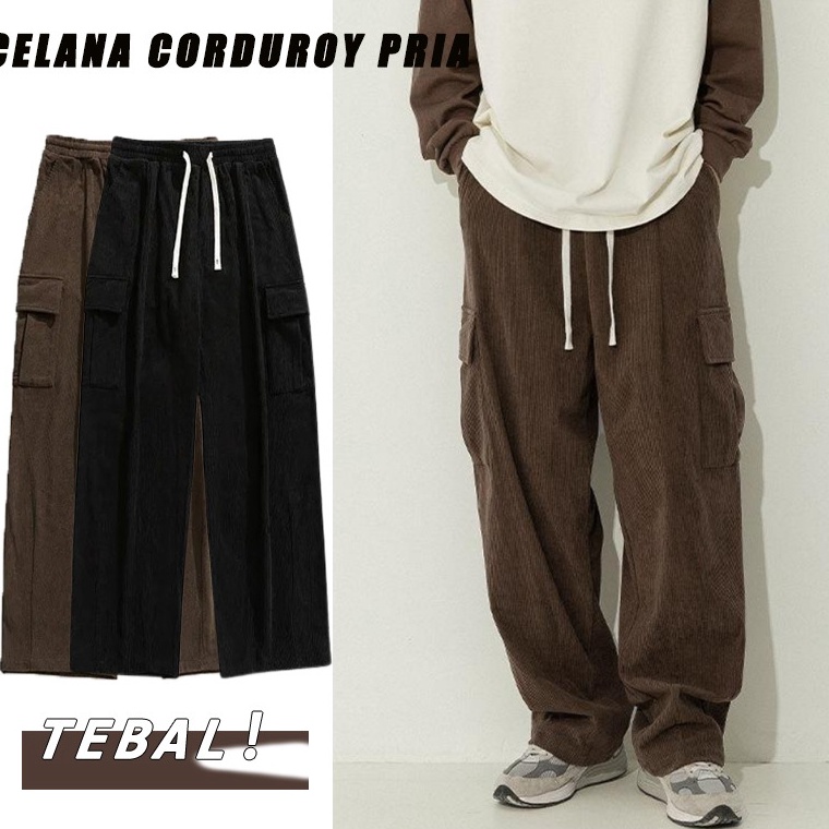 Banyak Dipakai celana cargo corduroy panjang pria celana pinggang karet pria korduroy celana gombran