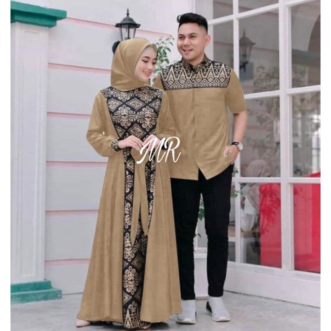 Model Baru  Gamis Batik Kombinasi Polos Terbaru 222 Modern Couple Baju Muslim Pasangan Berkualitas M