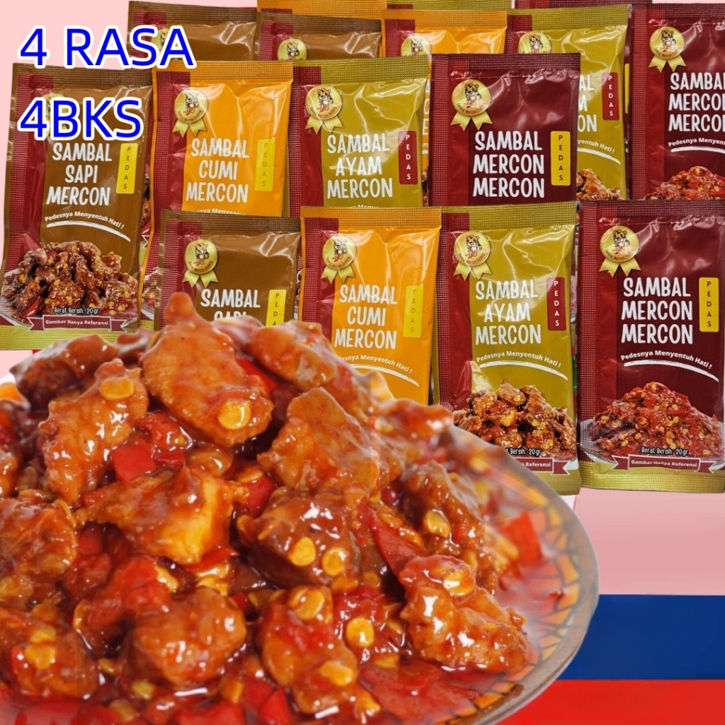 

Sambal Mercon keliling - 20Gr SET 4 LEBIH HEMAT SAMBAL Baby Cumi Pedas AYAM SAMBEL SAPI Mercon lauk instan