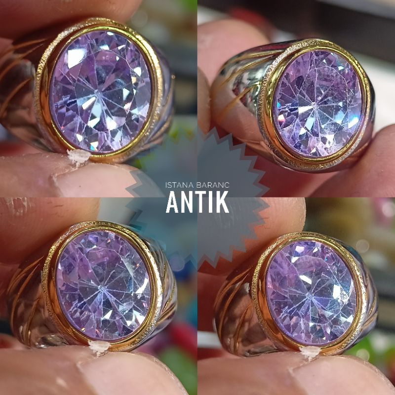 Cincin batu akik kecubung lavender Amethys diamond full cutting asli mewah