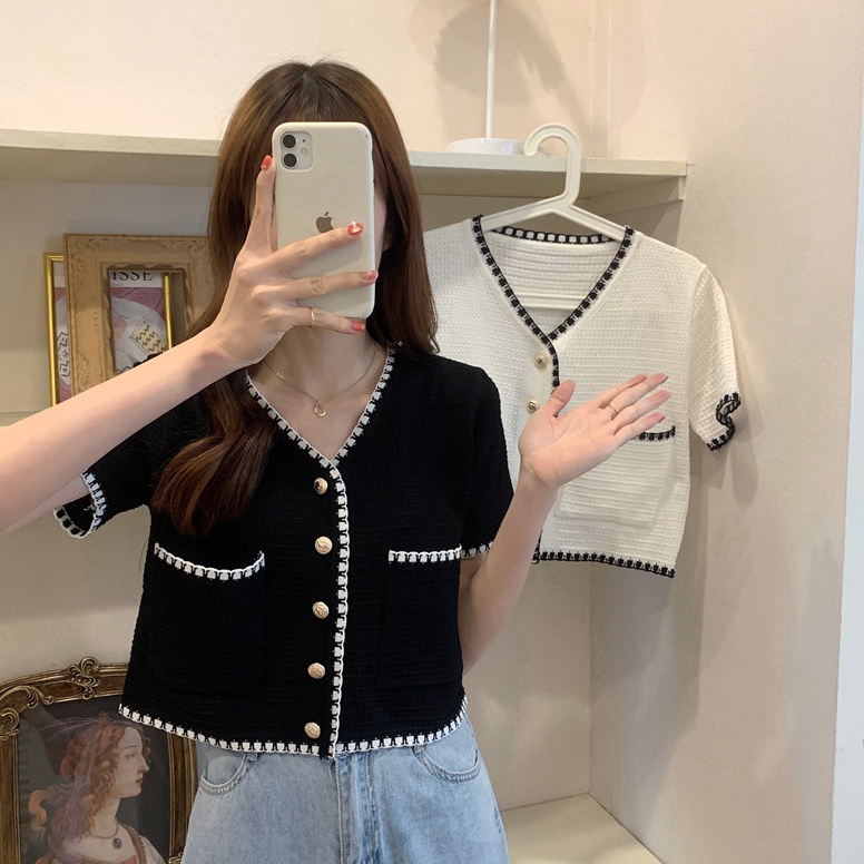 siap kirim Atasan crop top kardigan rajut wanita lengan pendek Korean style cardigan rajut