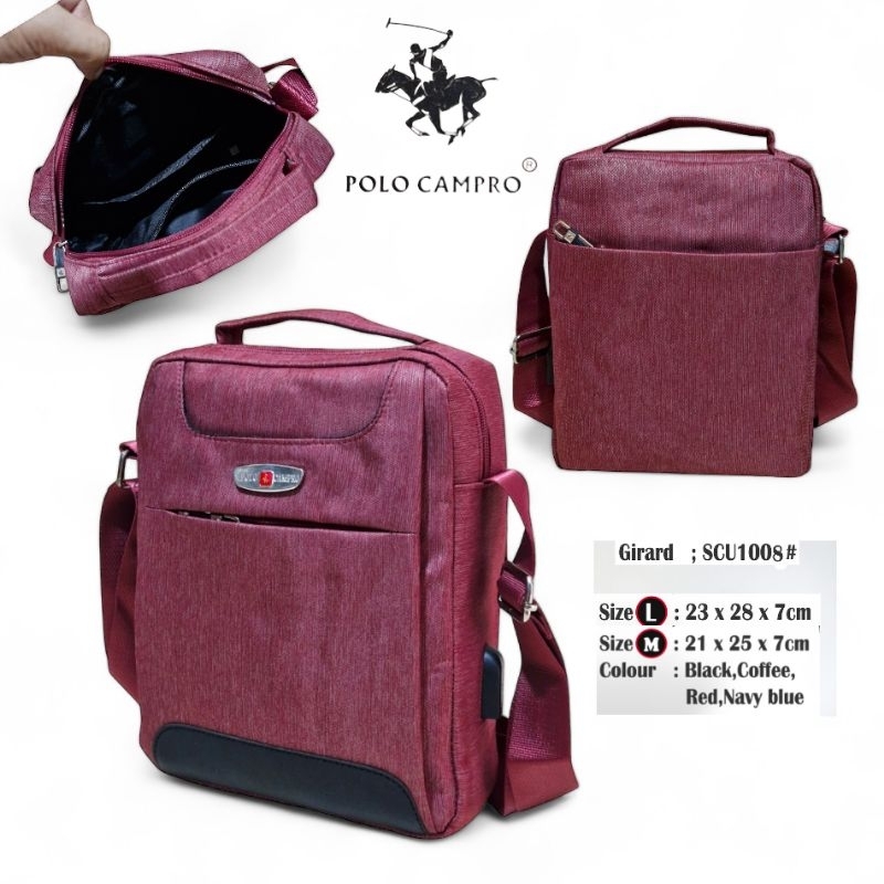 Tas Selempang POLO CAMPRO Tebal Import  Slingbag Pria Ukuran L Dan M Dengan Port USB #1006