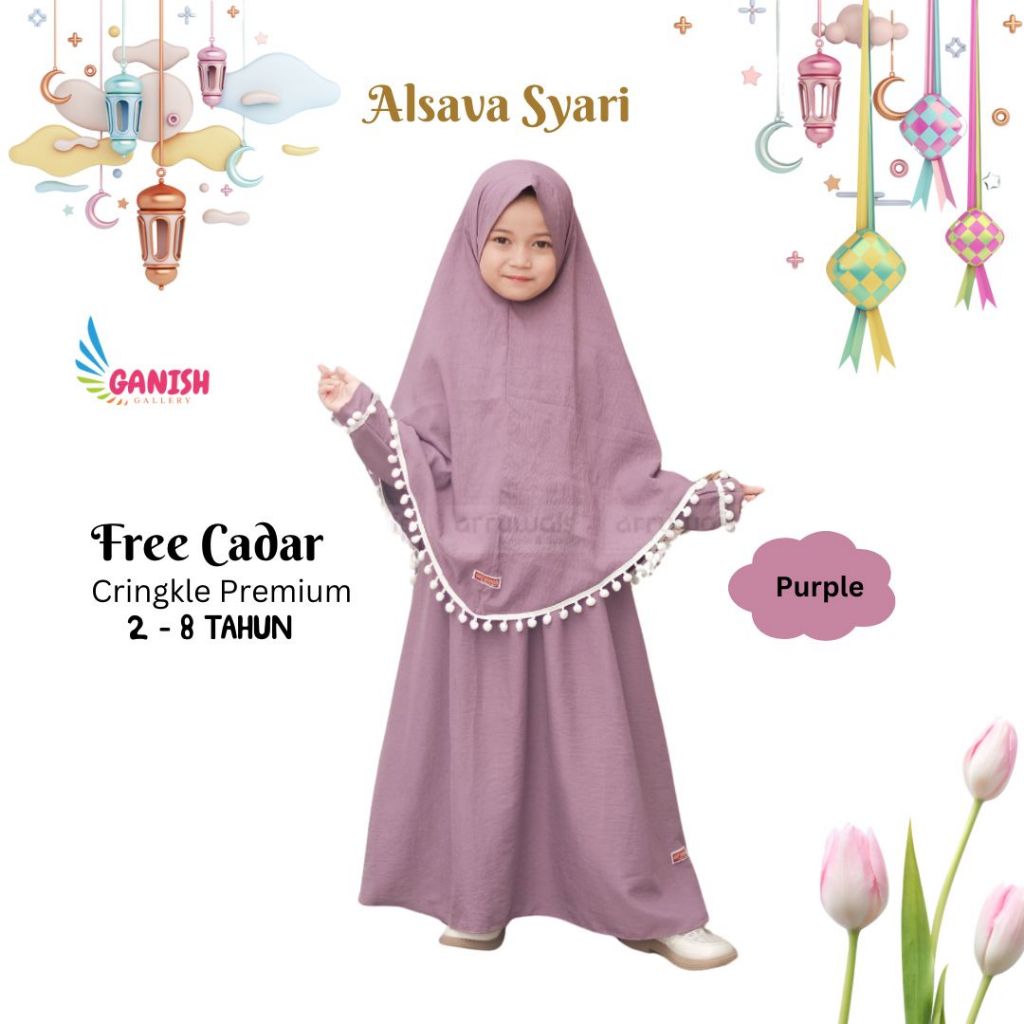 Gamis Anak Perempuan Syari Set Hijab Busana Muslim Alsava Lebaran Terbaru Usia 2 3 4 5 6 7 8 Tahun